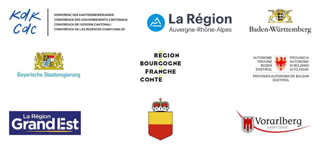 Logos der beteiligten Kantone und Grenzregionen, u. a. Konferenz der Kantonsregierungen, Baden-Württemberg, Bayern, Grand Est und Vorarlberg
