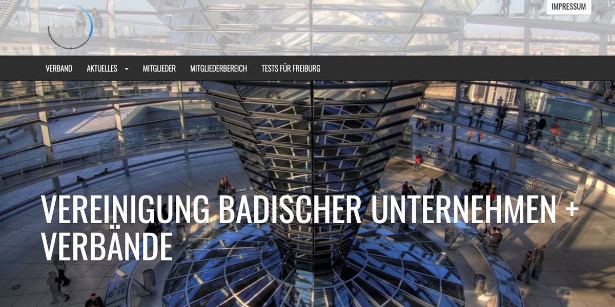 Startseite der Website der Vereinigung Badischer Unternehmen + Verbände mit Blick in die Reichstagskuppel
