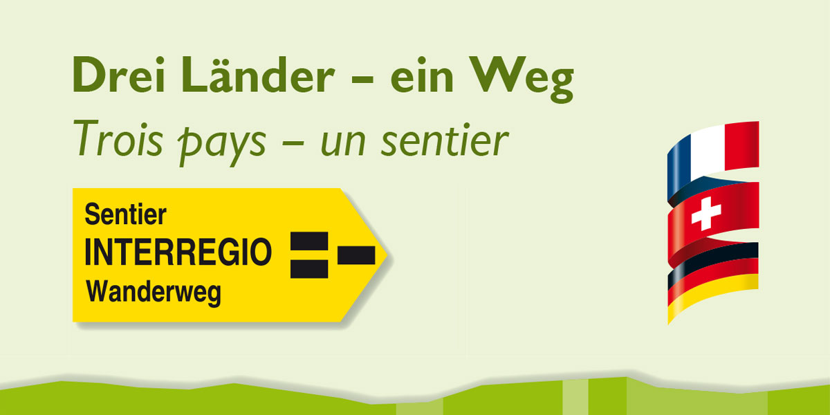 Logo des Interregio-Wanderwegs „Drei Länder – ein Weg“ mit den Flaggen Frankreichs, der Schweiz und Deutschlands