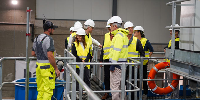 Besuchergruppe mit Schutzhelmen und Warnwesten auf der Recyclinganlage der habö AG