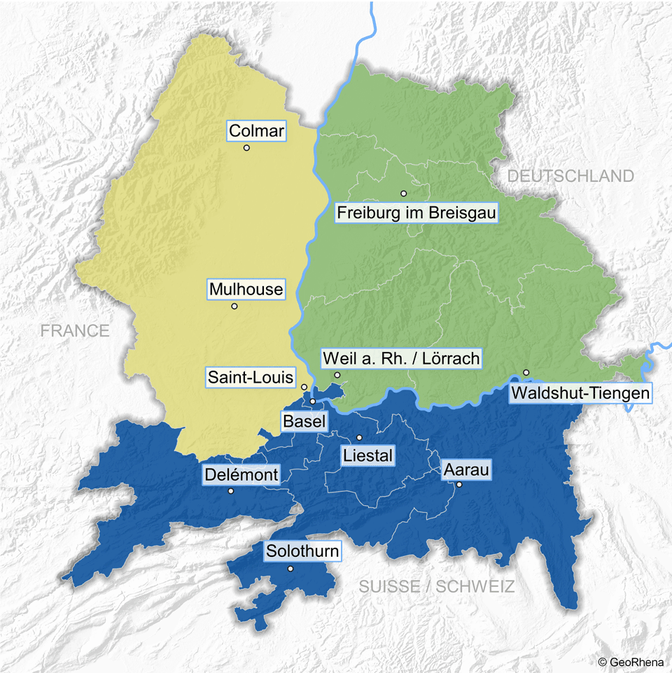 Karte der trinationalen Region am südlichen Oberrhein mit Colmar, Mulhouse, Freiburg, Basel und weiteren Orten