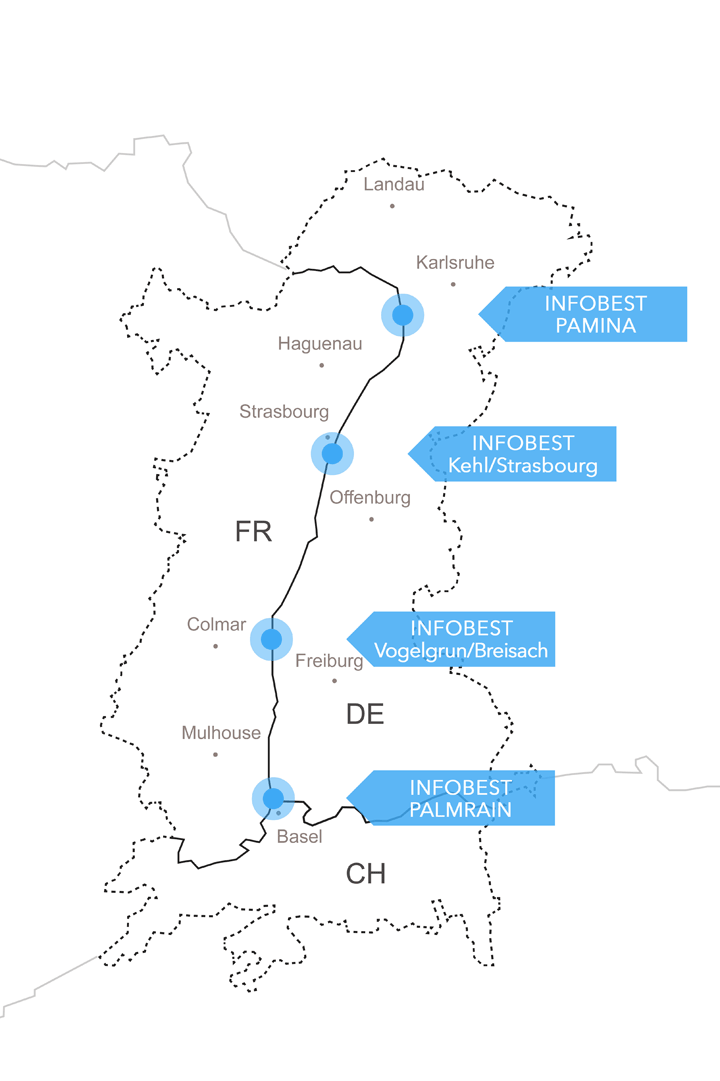 Karte der vier INFOBEST-Standorte am Oberrhein: PAMINA, Kehl/Strasbourg, Vogelgrun/Breisach und PALMRAIN