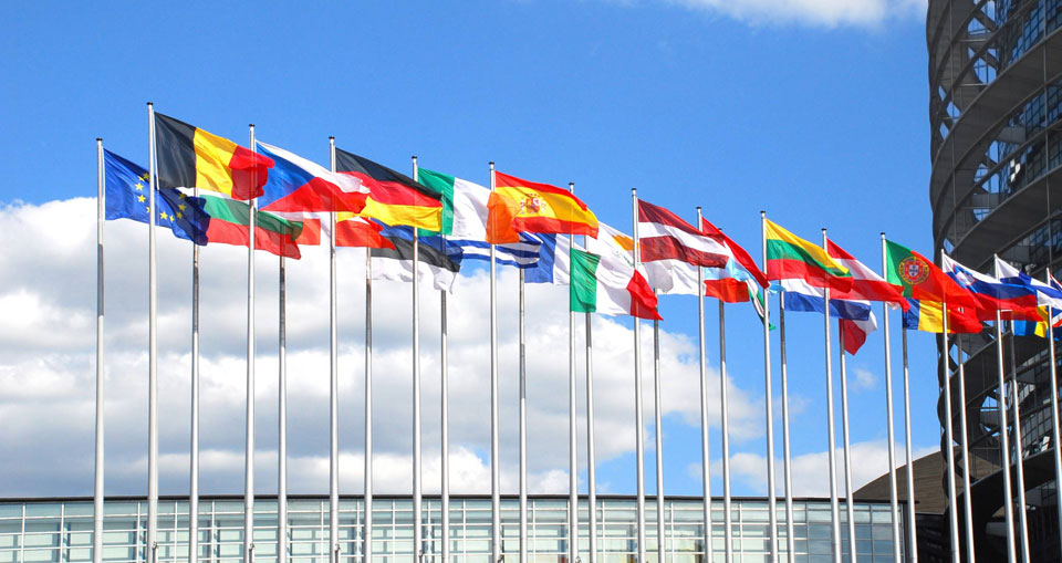 Flaggen Europas, Deutschlands, Frankreichs und der Schweiz vor blauem Himmel
